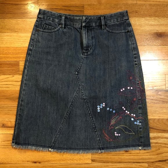 WOMENS KATE HILL BLUE SEQUINED RAW EDGE A-LINE DENIM SKIRTS 4P - Picture 2 of 7